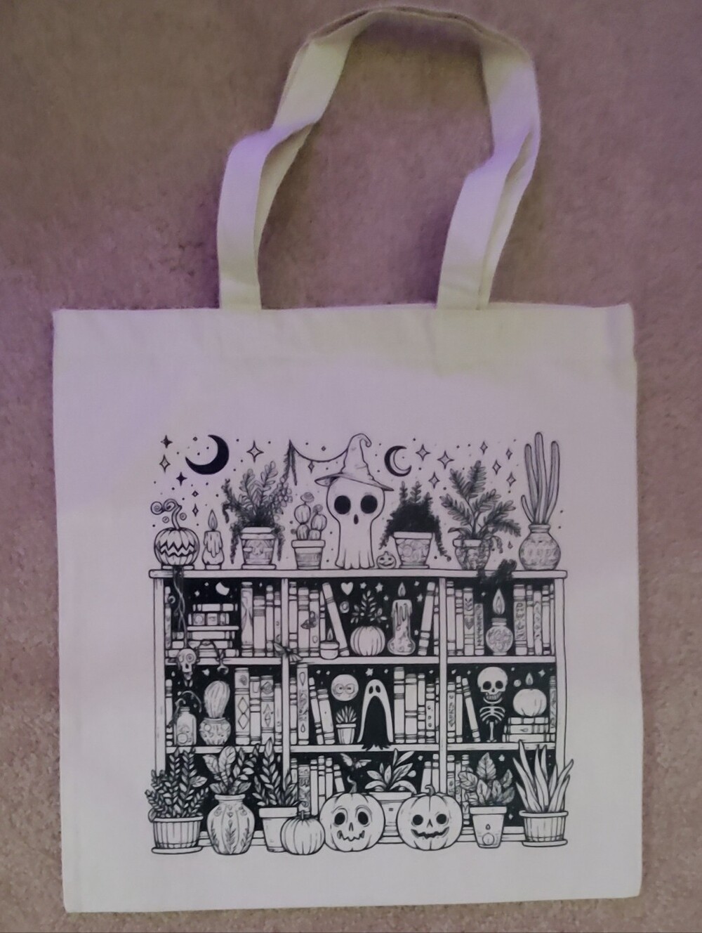 Canvas Tote with Halloween Shelf Illustration